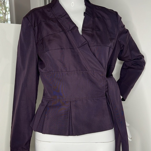 Giorgio Armani Collezioni Sz 8 Purple Eggplant Wrap Tie Cotton Blend Jacket - Picture 2 of 10